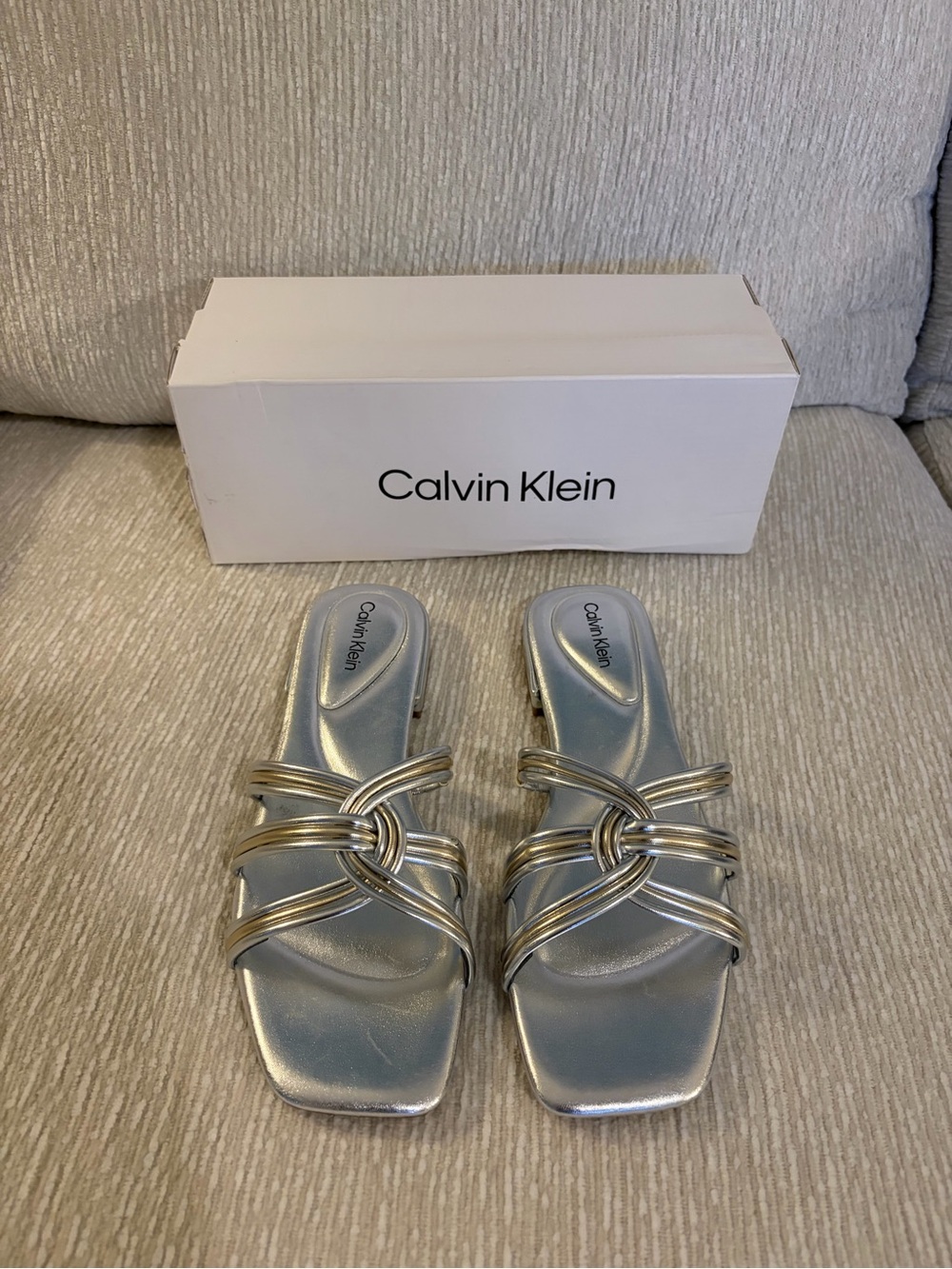 Calvin Klein Silver Metallic Knotted Slide Mules